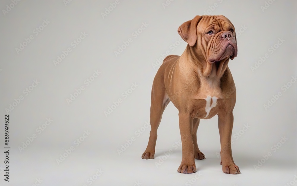 Perro de raza Dogo de burdeos, de pie, sobre fondo blanco Perro de raza Dogo de burdeos, de pie, sobre fondo blanco