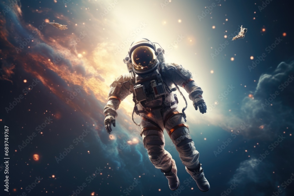 An astronaut floating in the air with a space shuttle in the background. Suitable for space exploration and science fiction themes