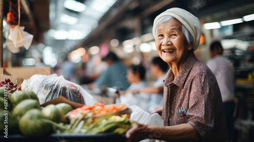 copy space, stockphoto, Elderly asian lady shopping on the food market. Buying food on local markets. Reducing ecological food-print. Retired asian woman on a food market with fresh fruit and vegetabl © Dirk