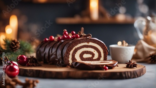 home made Yule Log cake, bright decorative kitchen background