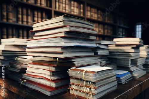 A stack of books sitting on top of a wooden table. Perfect for educational or library-themed projects © Fotograf