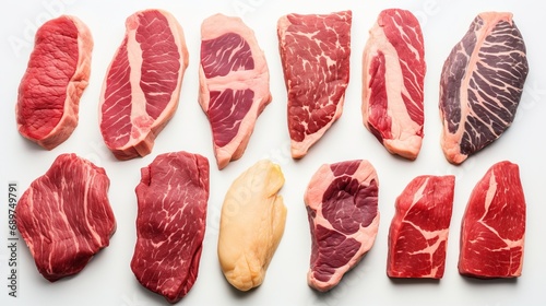 Variety of succulent raw steaks in different cuts, top view, isolated on a clean white background