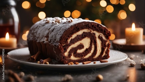 home made Yule Log cake, bright decorative kitchen background