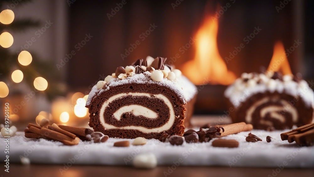 home made Yule Log cake, bright decorative kitchen background
home made Yule Log cake, bright decorative kitchen background