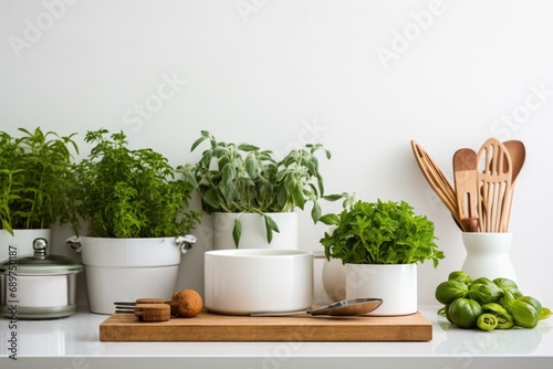 A kitchen counter with pots of plants and utensils. Perfect for adding a touch of nature to your cooking space