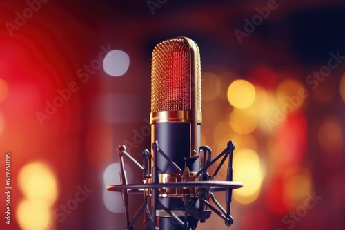 A microphone with a red light in the background. Suitable for music, podcasting, broadcasting, and recording purposes