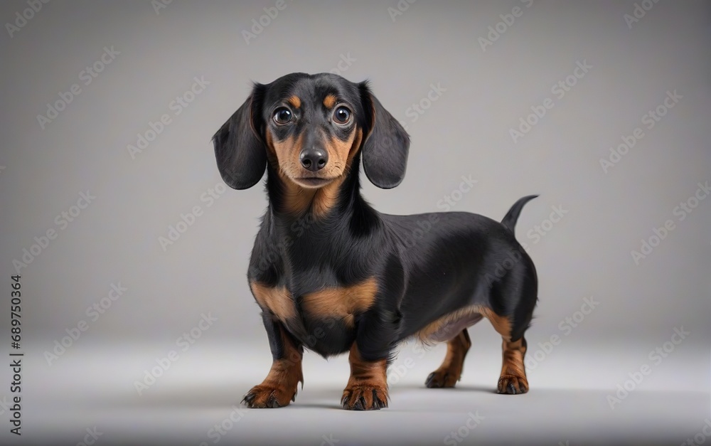 Perro salchicha (Dachshund), de pie, mirando al frente, sobre fondo gris 