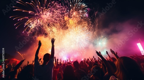 Crowd of People Watch Fireworks Display for New Years or Fourth of July Celebration comeliness © Summit Art Creations