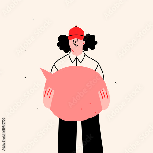 Person standing and holding blank empty Speech bubble. Social media, chat, conversation, message, contact, meeting concept. Cartoon style character. Hand drawn Vector illustration. Isolated element