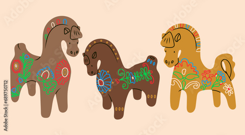 Hand crafted clay Horses. Cartoon style. Colorful outline folk ornaments. Hand drawn trendy Vector illustration. Isolated design elements. Cute toy or souvenir