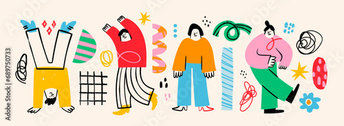 Various abstract People and doodle objects. Young men and women standing together in colorful clothing. Cartoon style characters. Hand drawn trendy Vector illustration. Isolated design elements