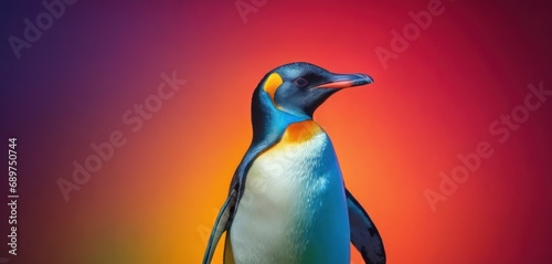  a blue and yellow penguin standing in front of a red, blue, yellow, and orange background with its head turned to the side. photo