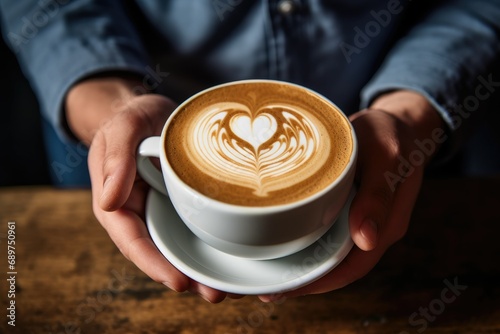 Man holding cup of coffee with pattern, on heart shaped surface