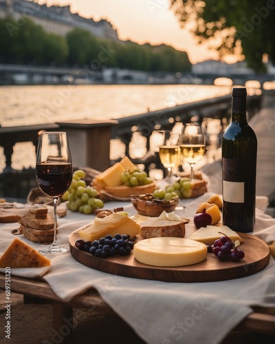 luxury picnic with cheese plateau and wine by the Seine river Paris, golden hour