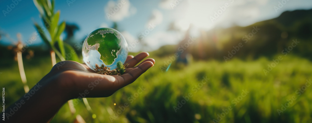 Woman hand holding earth, save planet, earth day, sustainable living, ecology environment, climate emergency action, world environment day concept, illustration for global warming content - obrazy, fototapety, plakaty 