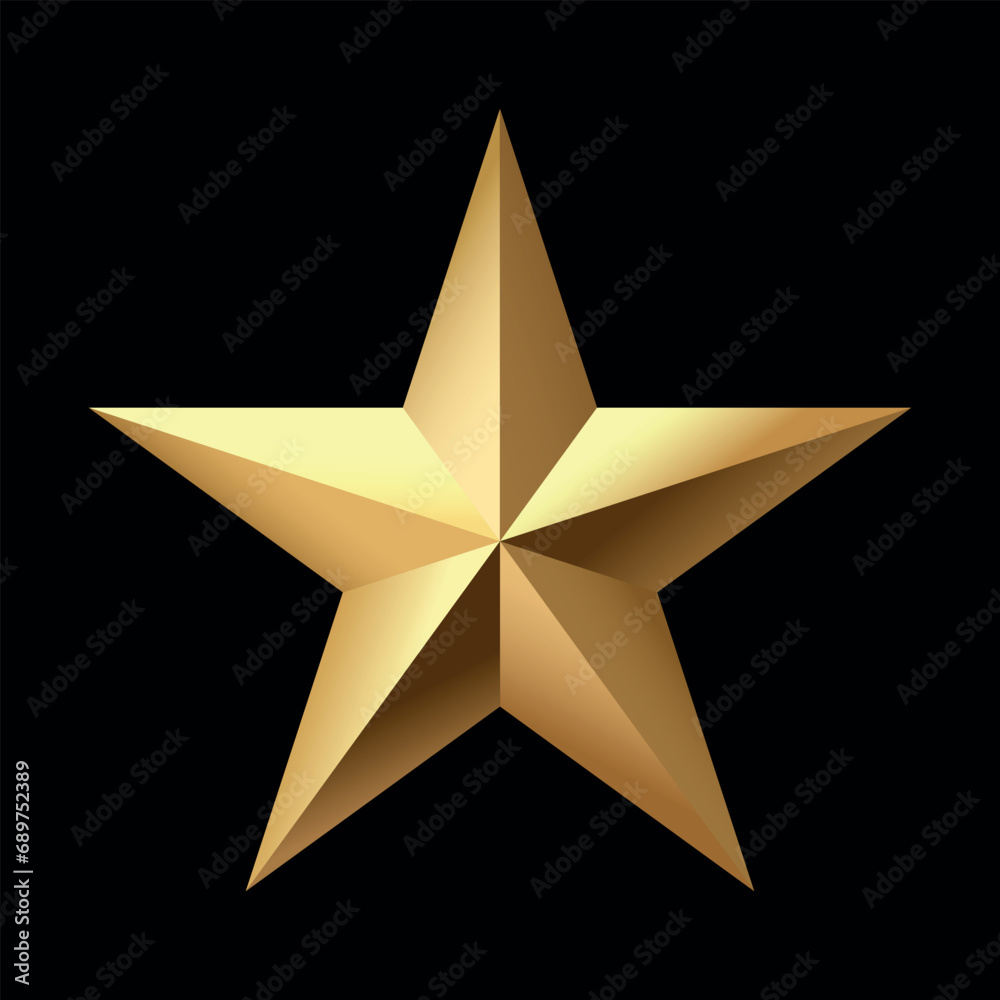 Golden Christmas 3d Star metal glossy bright shine five angle star shape isolated on black Background. Icon for holiday design element.