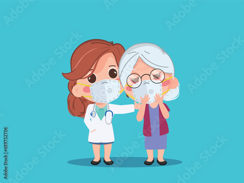 Doctor and senior woman wearing facemasks during pm2.5 air pollution Dust effects on health. Hand drawn style vector design illustrations.