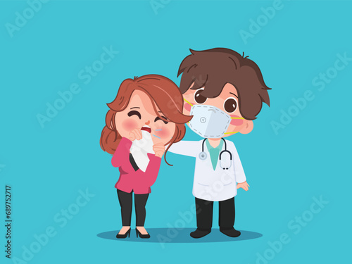 Doctor and woman wearing facemasks during pm2.5 air pollution Dust effects on health. Hand drawn style vector design illustrations.