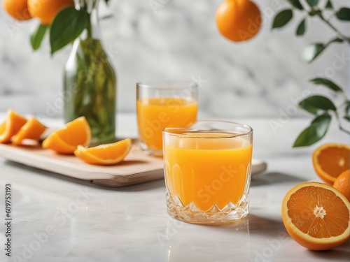 organic orange and orange juice in glass, decorative white stone background, with copy space

