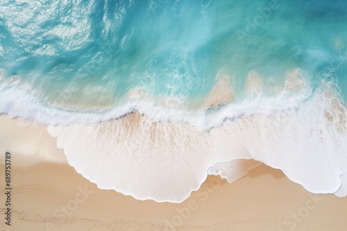 A beautiful aerial view of a beach with a surfboard. Perfect for travel and adventure themes