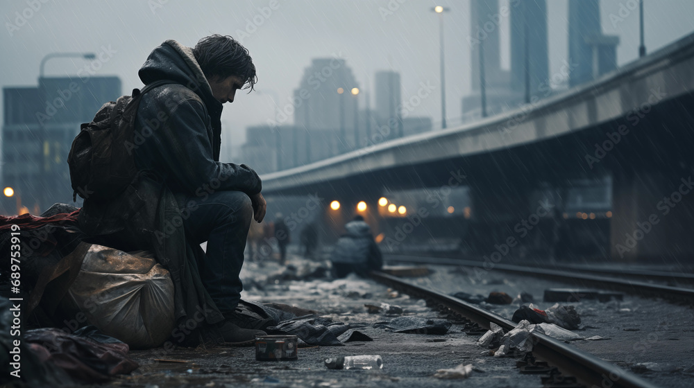 A homeless desperate young man sitting next to an highway in a big modern city 