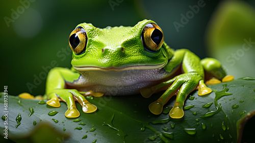 green frog on a leaf , little frog on green leaf 