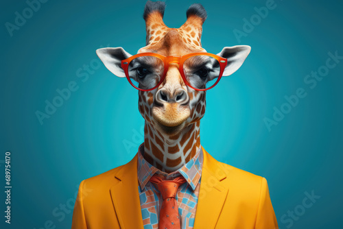 Hipster giraffe in an orange jacket and sunglasses photo