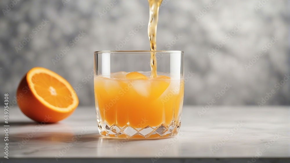 Fototapeta premium organic orange and orange juice in glass, decorative white stone background, with copy space