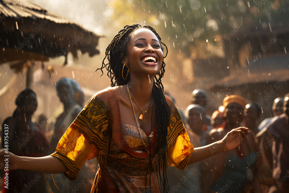 A young African woman dances in the rain on a country street, Black History Month