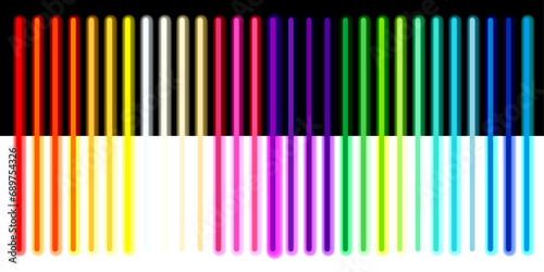 A package of halogen or LED lamp elements for a night party or game design. A large set of neon tubes. Colorful glowing lines or borders on a black background. Color vector illustration.