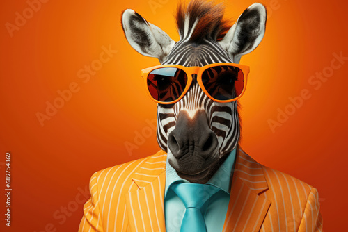 Cool zebra in sunglasses and a hipster bright suit