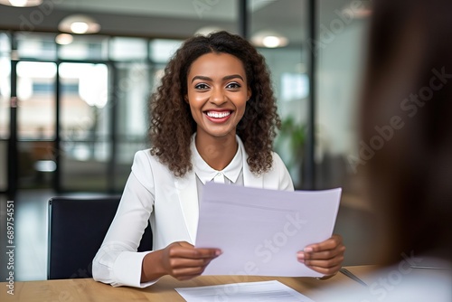 Fototapeta Naklejka Na Ścianę i Meble -  Smiling business woman hr holding cv at job interview. Happy mid aged professional banking financial manager, insurance agent, lawyer consulting clients sitting at work corporate office meeting