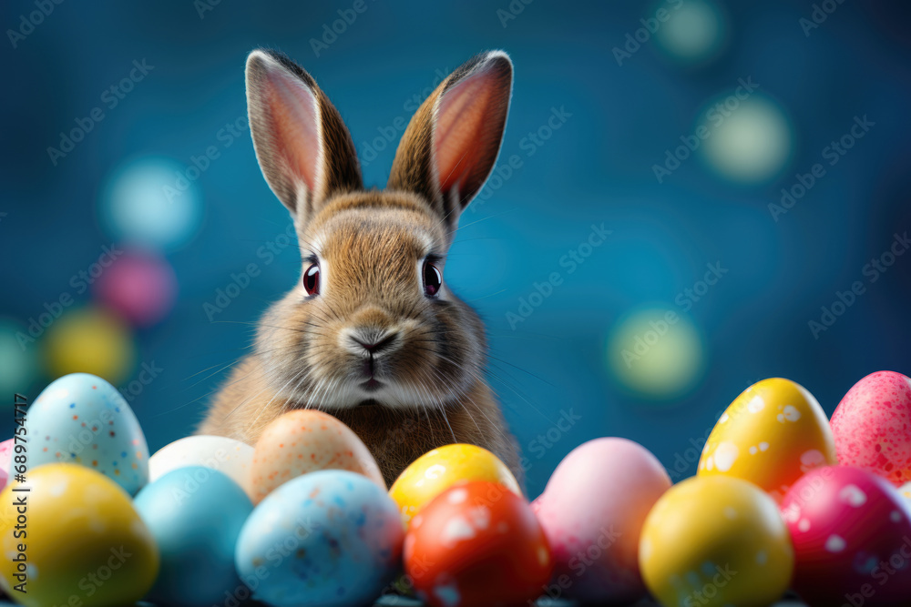Easter bunny and colored eggs on a blue background Easter bunny and colored eggs on a blue background