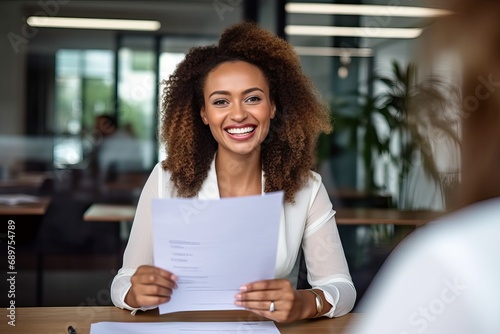Fototapeta Naklejka Na Ścianę i Meble -  Smiling business woman hr holding cv at job interview. Happy mid aged professional banking financial manager, insurance agent, lawyer consulting clients sitting at work corporate office meeting