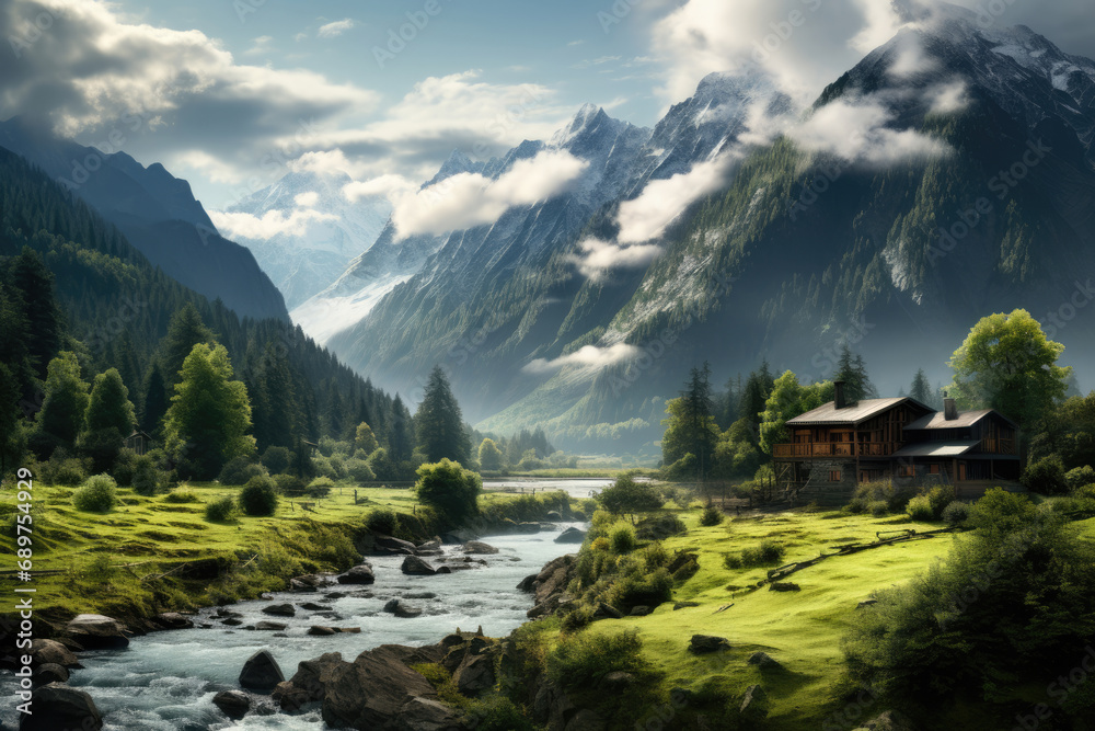 Fototapeta premium Lonely house in mountain valley landscape