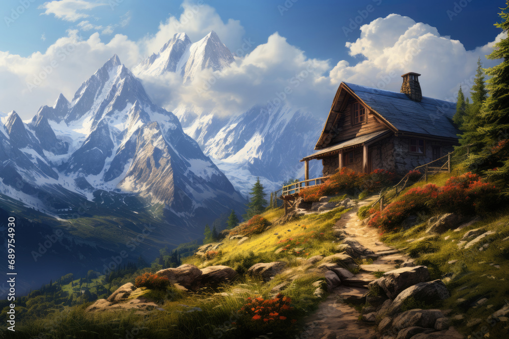 Lonely house in mountain valley landscape
