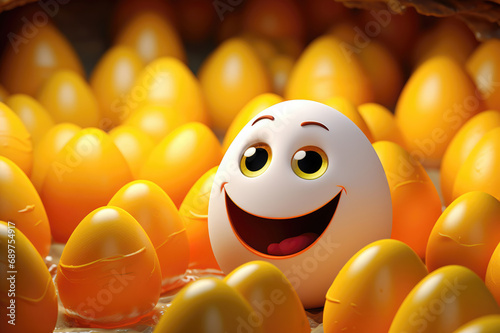 A smiling white egg amongst a cluster of orange ones, portraying a standout joyful character. photo