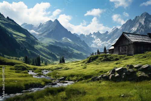 Lonely house in mountain valley landscape © Michael