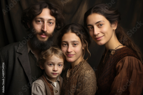 Portrait of orthodox jewish family on a dark background