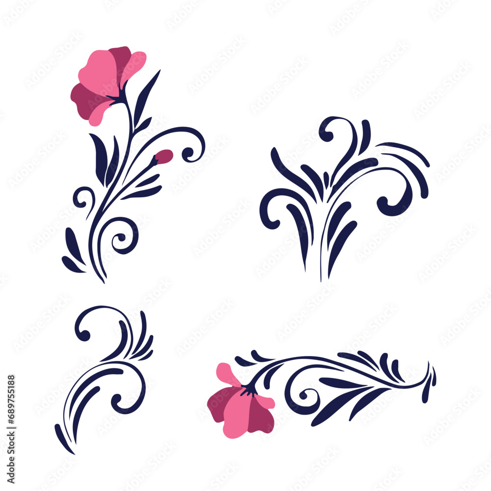 Set flower or ornamental plant. Botanical print of leaves, flowers and curls. A simple natural pattern. Vector illustration on a white background.