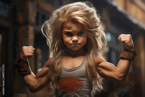 Papier peint Little muscular girl bodybuilder shows biceps