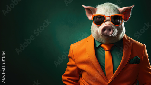 Suave pig in a bright orange suit and green tie with cool sunglasses, oozing sophistication.