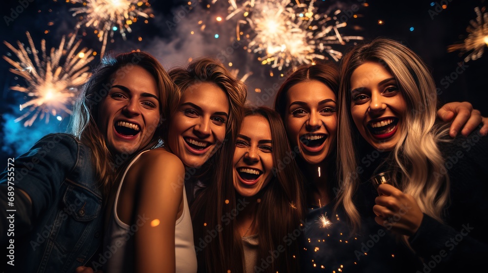 Group of friends having fun with fireworks to celebrate the New Year! Party, celebrations are having fun at the nightclub.