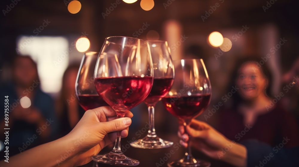Group of friends toast with wine glasses at New Year's party