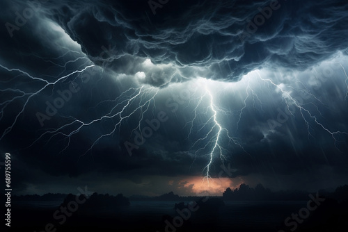 Landscape with lightning at stormy night