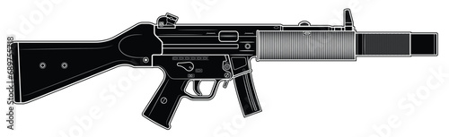 Vector illustration of the MP5SD machine gun with silencer and short magazine on the white background. Black. Right side.