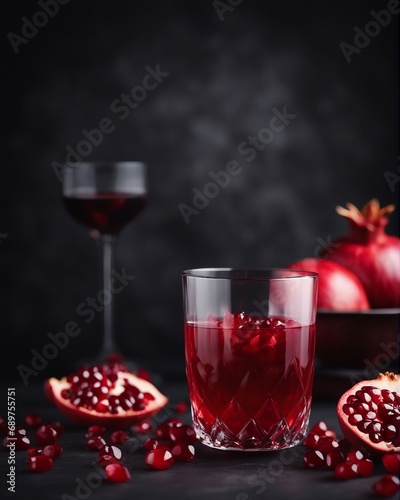 organic pomegranate and pomegranate juice in glass, decorative dark stone background
