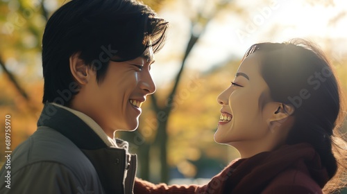 Couple falling in love. Sweet touch. Touching life. Newly married Asian couple smiling. photo