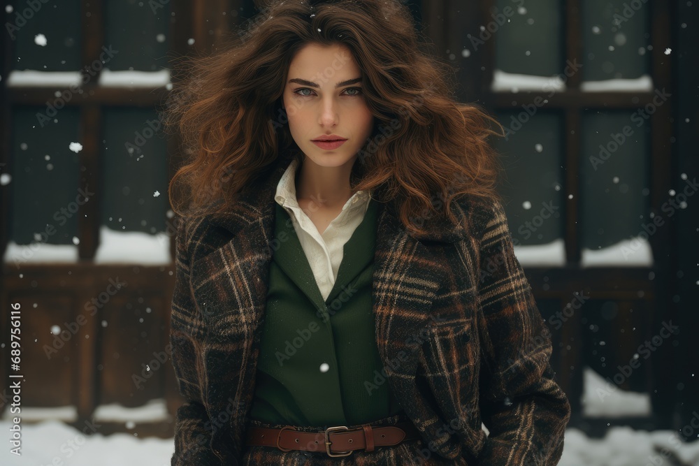 Fototapeta premium Portrait of elegant woman wearing vintage coat on winter snowy park. Girl walking in snowfall. Portrait in retro style. Preppy fashion