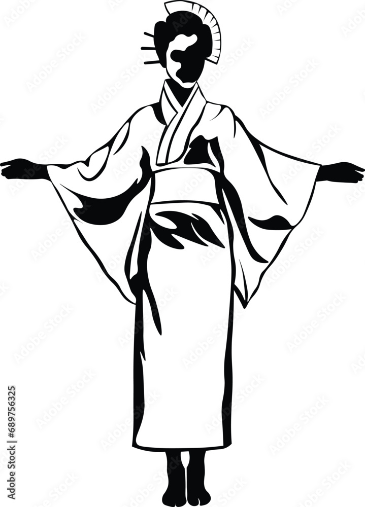 Cartoon Black and White Isolated Illustration Vector Of A Japanese Geisha In Traditional Kimono Dress Cartoon Black and White Isolated Illustration Vector Of A Japanese Geisha In Traditional Kimono Dress